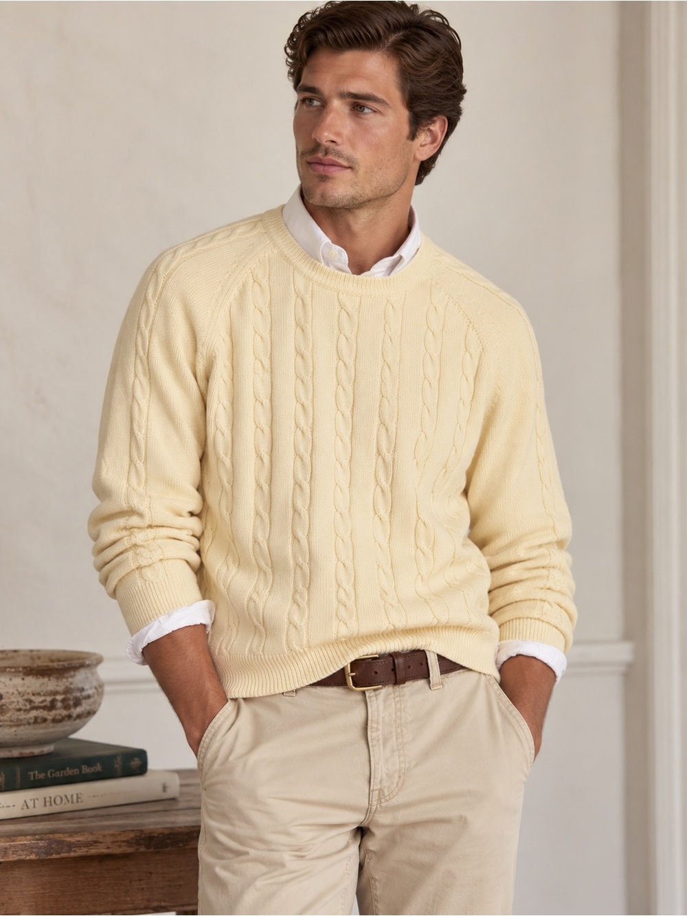 Men's 100% Merino Wool Cable-Knit Butter Yellow Crewneck Sweater LG Preppy